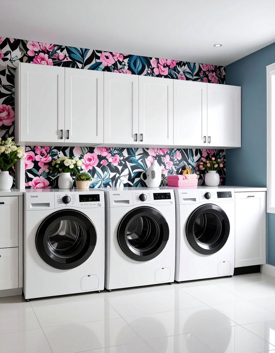 Bold Pattern Wallpaper Accent - 25 Black and White Laundry Room Ideas