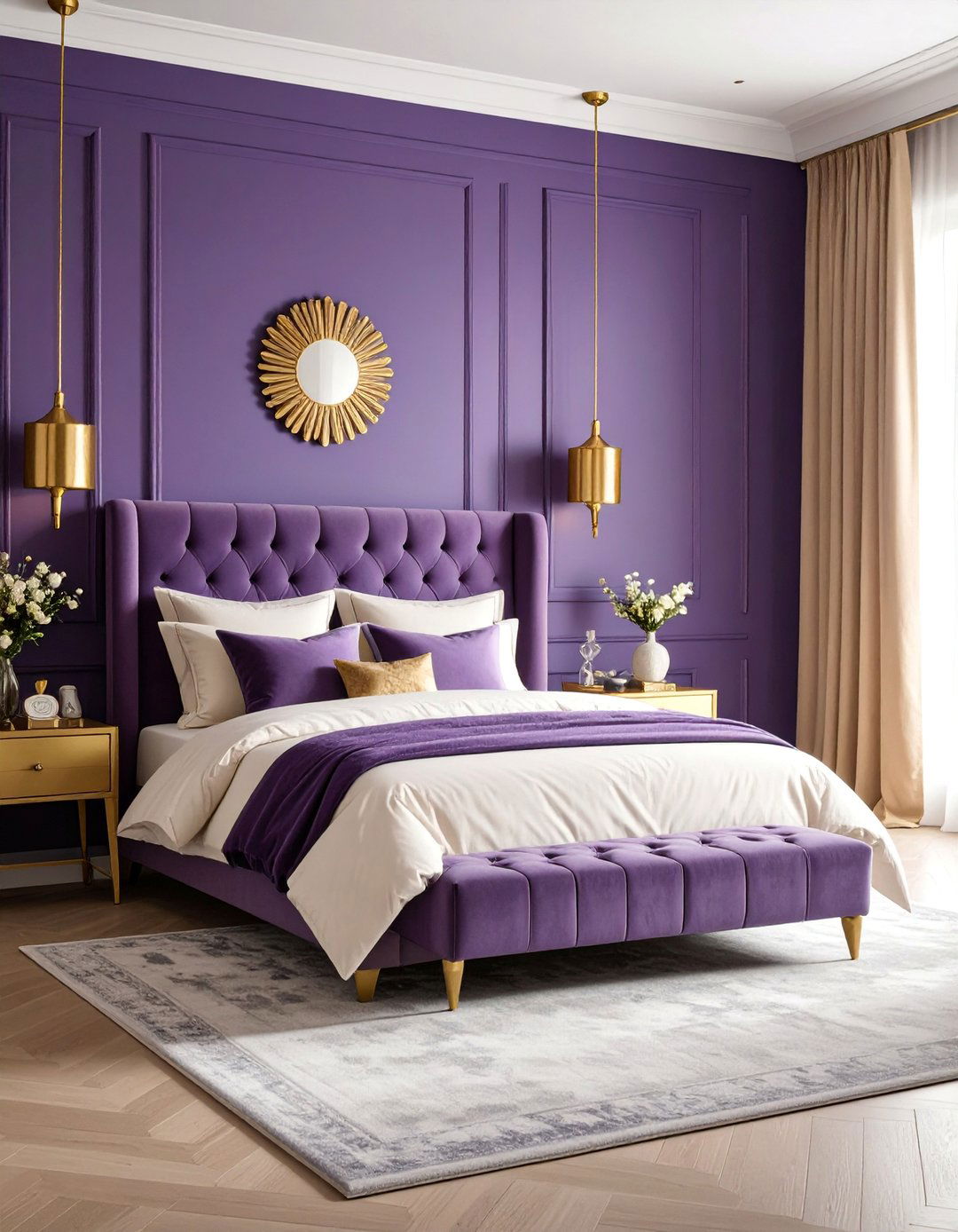 Bold Plum Bedroom with Gold Hardware - 25 Purple Bedroom Ideas
