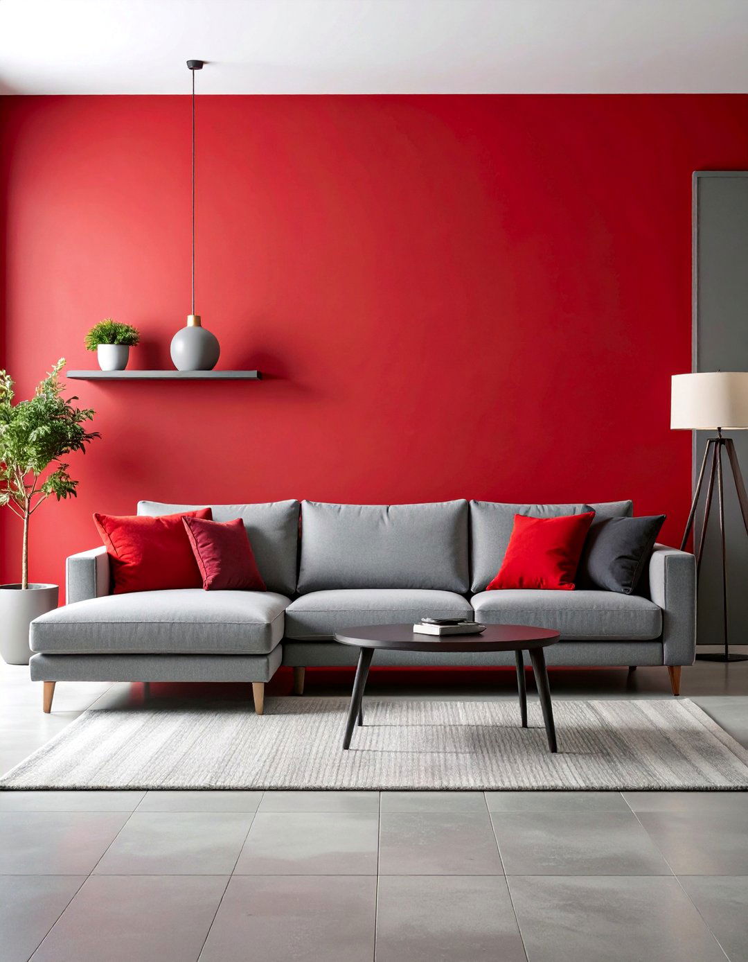 Bold Red Accent Wall with Grey Furnishings - 25 Red and Grey Living Room Ideas