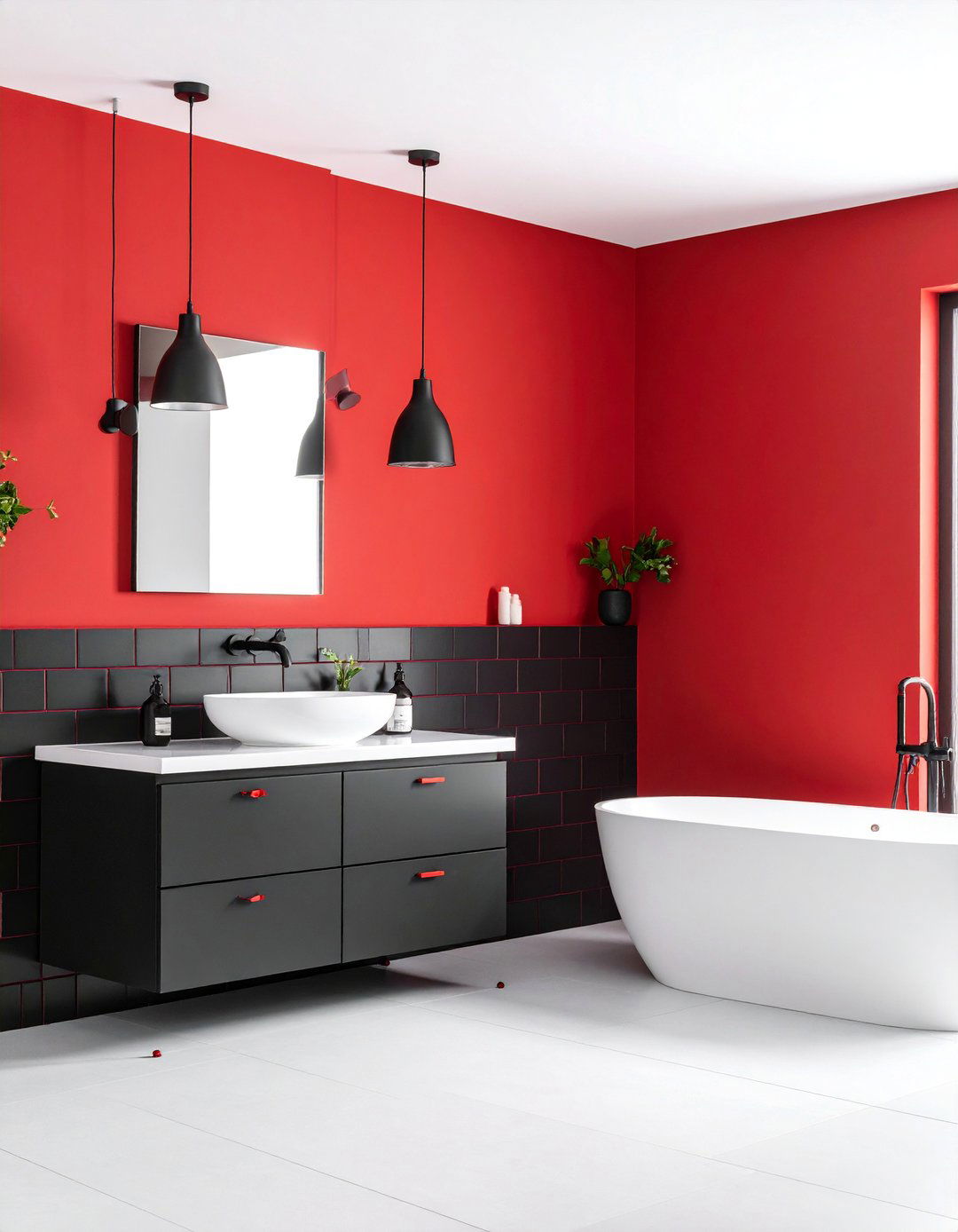 Bold Red Statement Bathroom with Black Accents - 25 Colorful Bathroom Ideas