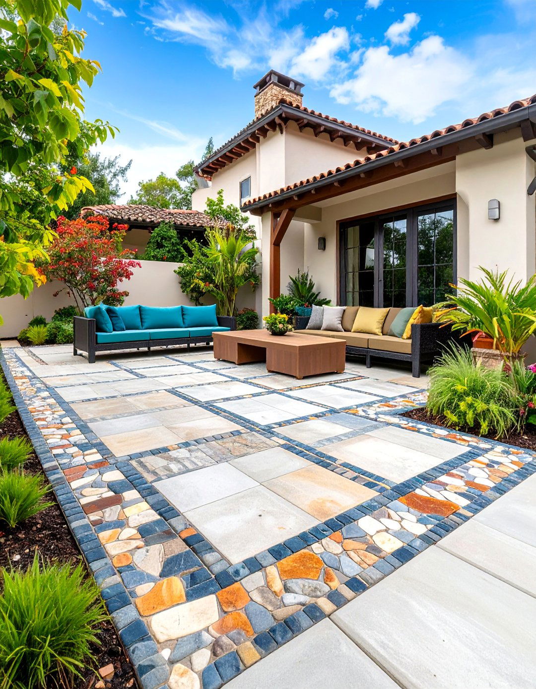 Border Accent Design with Contrasting Patterns - 25 Stamped Concrete Patio Ideas