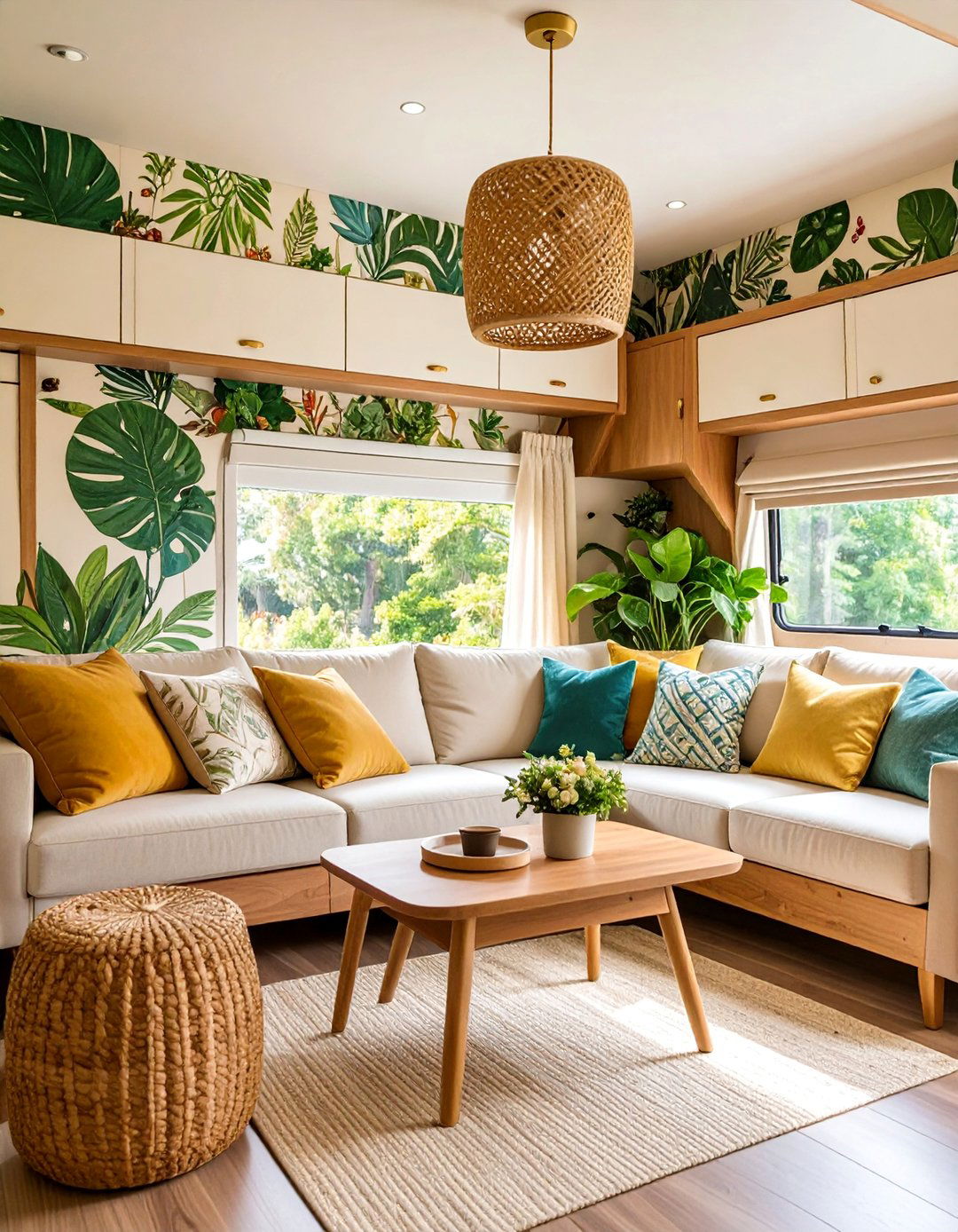 Botanical Accent Wall with Natural Wood Elements - 25 Rv Wallpaper Ideas