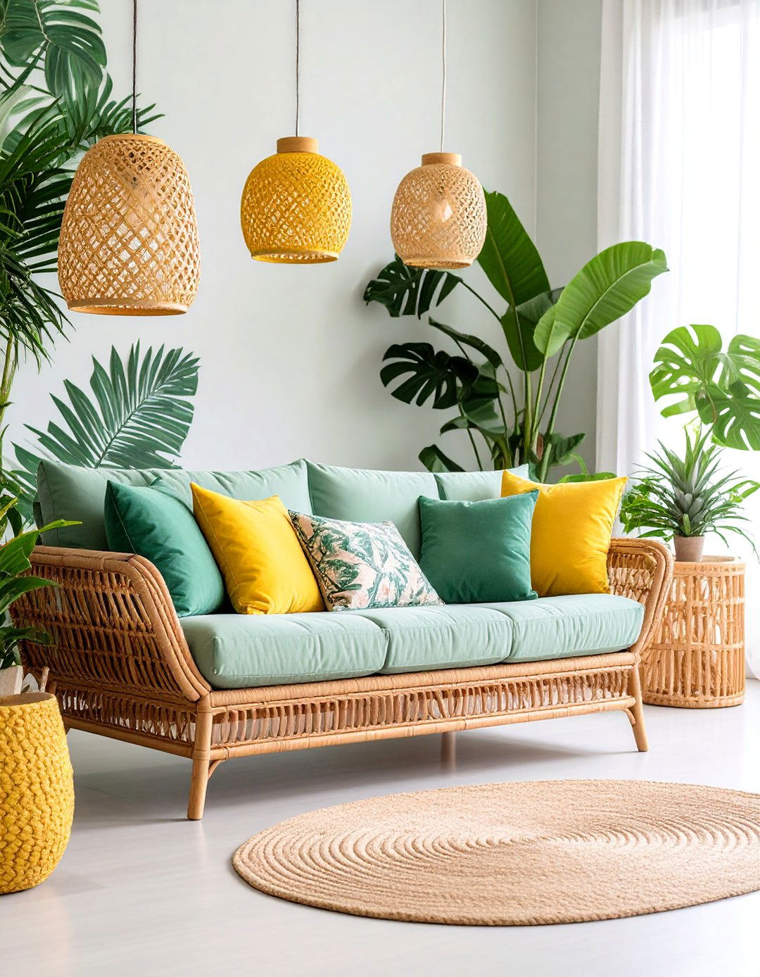 Botanical Green and Golden Yellow Tropical Living Room - 25 Green and Gold Living Room Ideas
