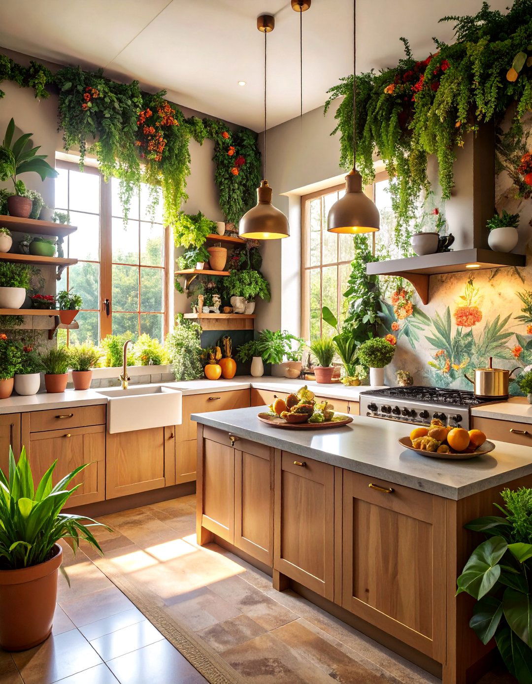 Botanical Kitchen Paradise with Earth Toned Florals - 25 Kitchen Wallpaper Ideas