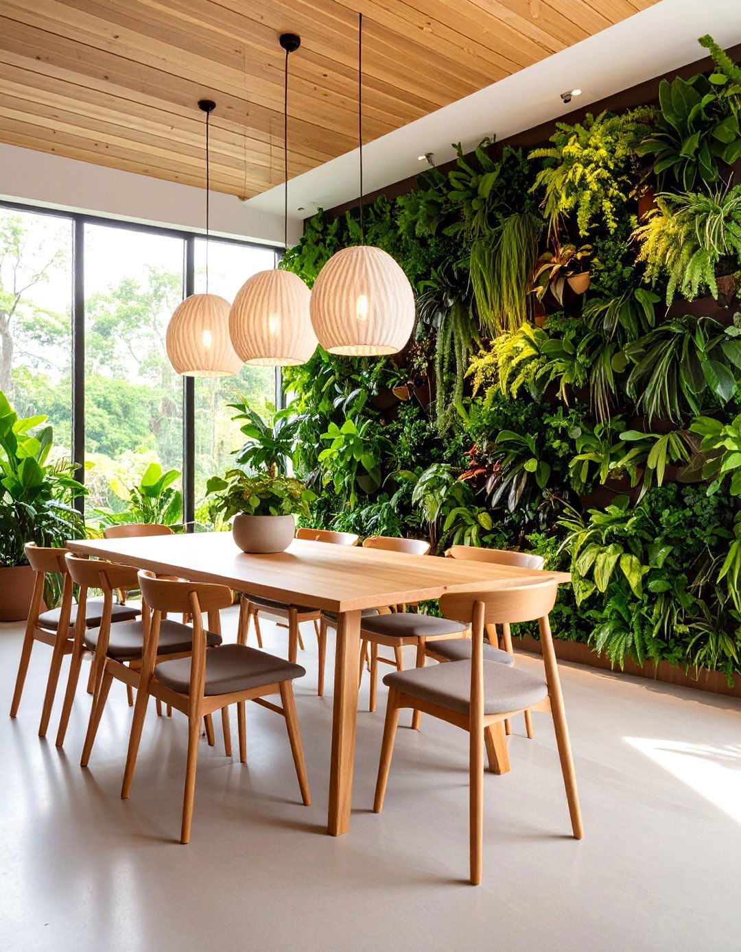 Botanical Plant Wall Dining with Living Greenery - 25 Green Dining Room Ideas