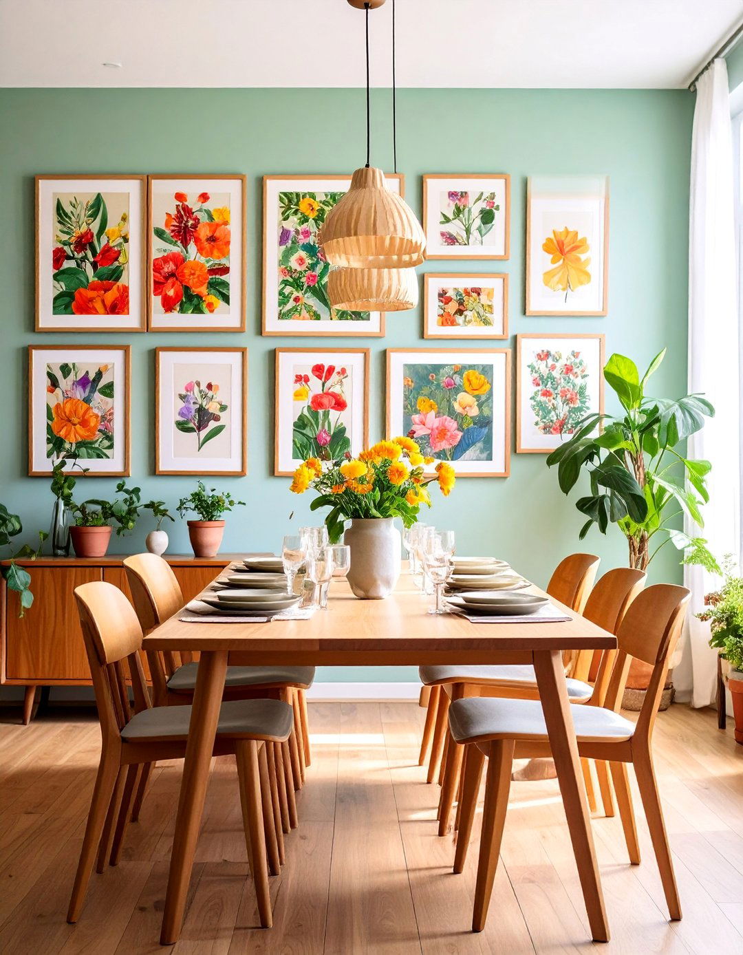 Botanical Print Collection with Natural Wood Frames - 25 Wall Collage Ideas