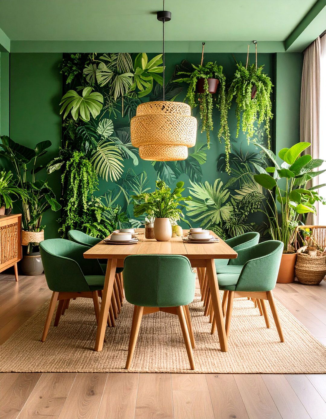 Botanical Wallpaper Green Dining with Nature Motifs - 25 Green Dining Room Ideas