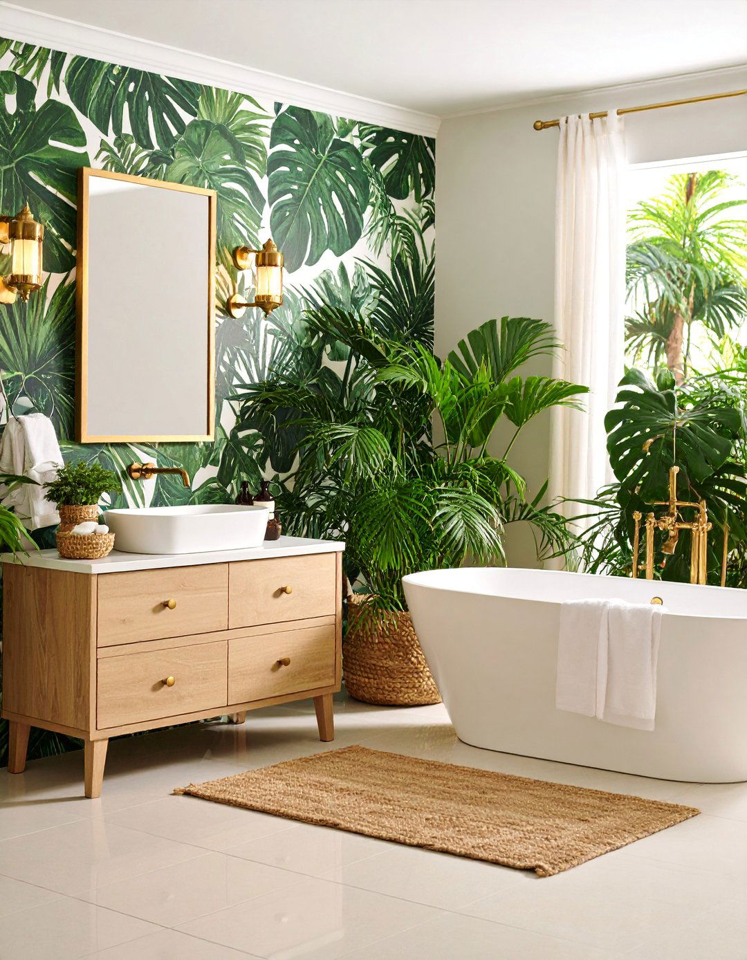 Botanical Wallpaper with Tropical Paradise Theme - 25 Bathroom Accent Wall Ideas