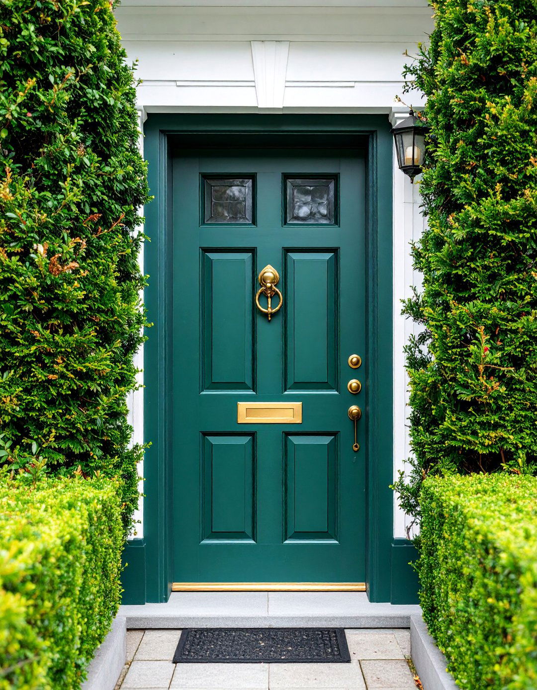 Bottle Green Front Door with Brass Mailbox - 25 Green Front Door Ideas