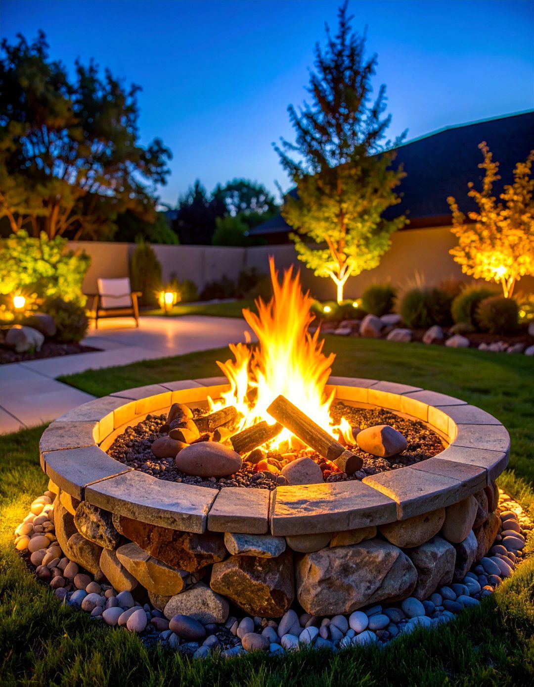 Boulder Fire Pit with Landscape Lighting - 25 Boulder Fire Pit Ideas
