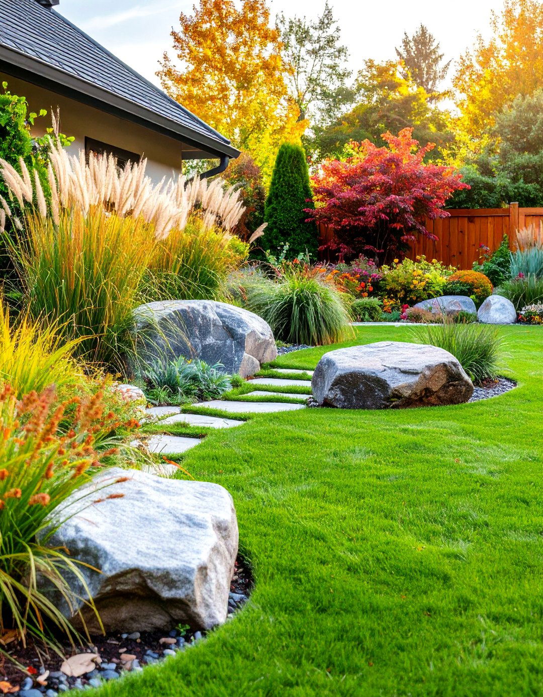 Boulder Garden Focal Point with Ornamental Grasses - 25 Rock Landscaping Ideas
