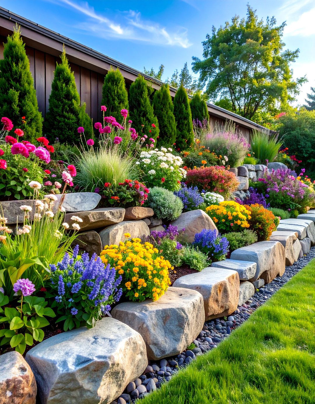 Boulder Retaining Wall with Natural Rock Garden Integration - 25 Retaining Wall Ideas for Sloped Backyard
