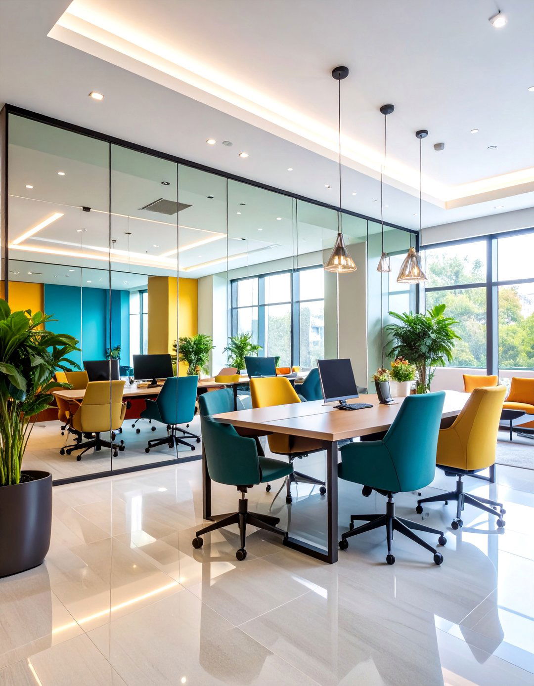 Boutique Office with Mirrored Accent Wall Panels - 25 Office Accent Wall Ideas