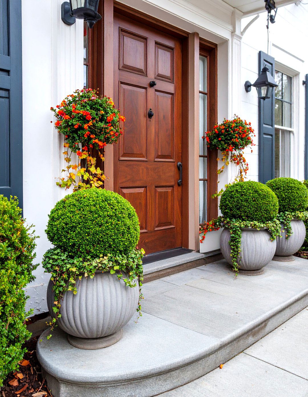 Boxwood Globe Entrance Display with Container Plantings - 25 Front Yard Boxwood Shrubs