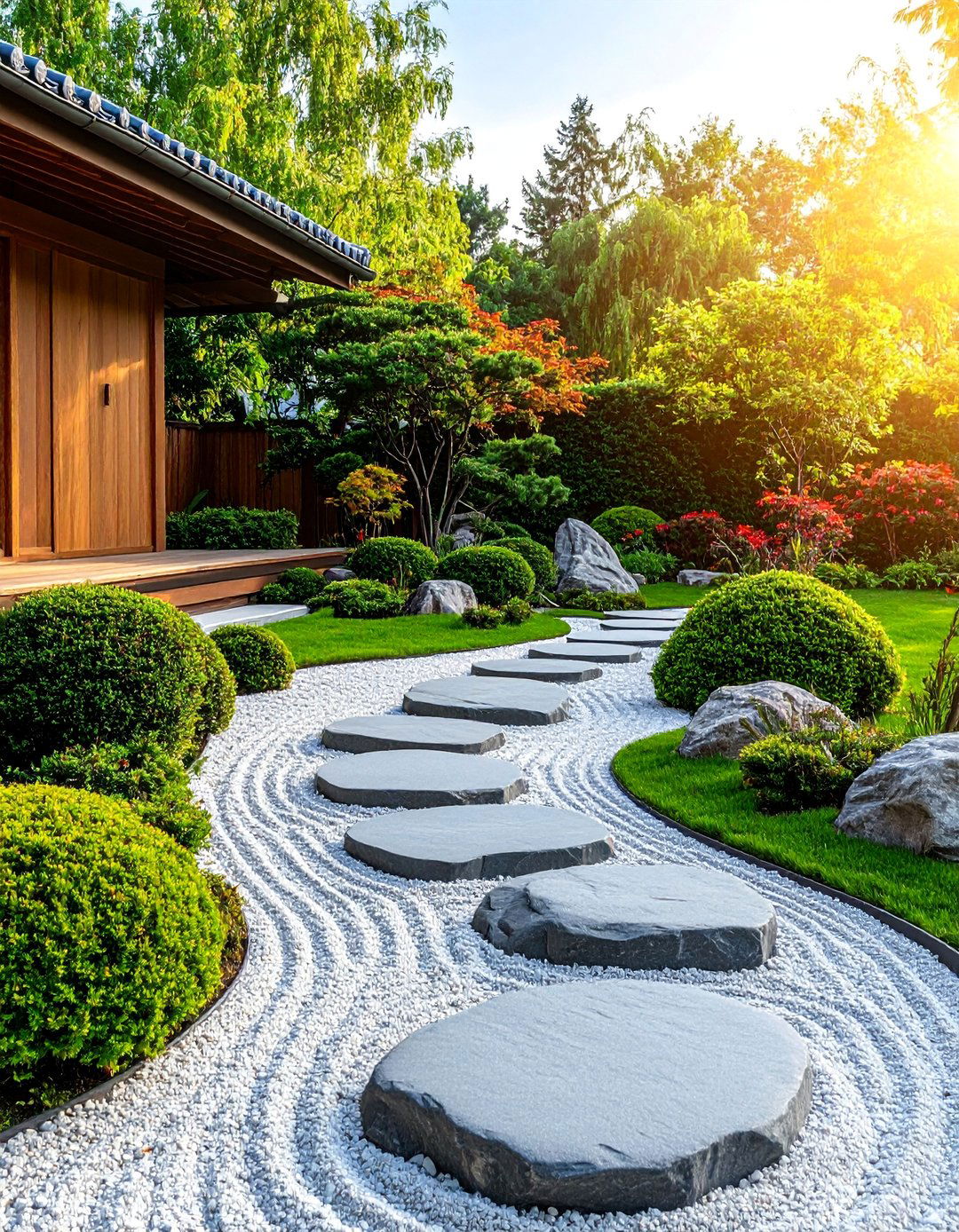 Boxwood Zen Garden with Minimalist Japanese Influences - 25 Front Yard Boxwood Shrubs