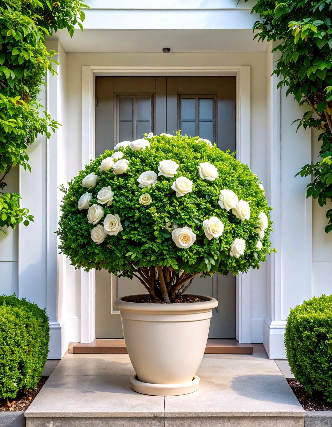 Boxwood and White Rose Topiary Style - 25 Spring Front Door Decor Ideas
