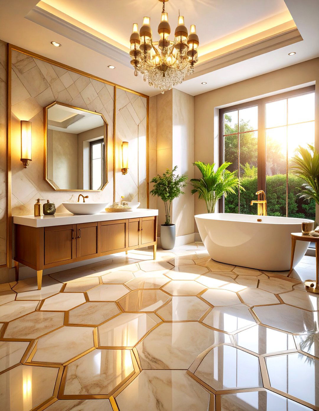 Brass Inlay Hexagon Luxury Floor Design - 25 Hexagon Tiles Ideas for Bathrooms