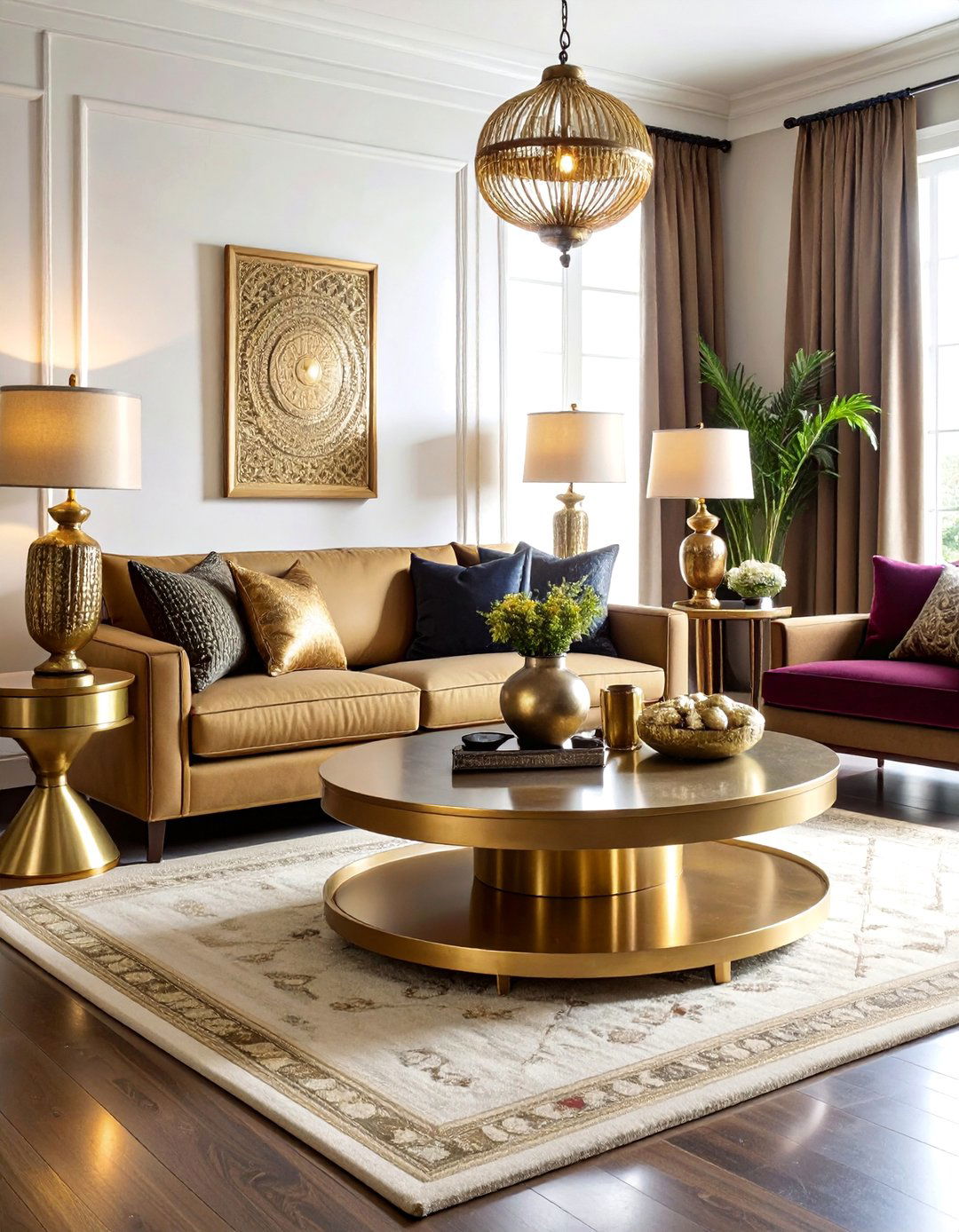 Brass and Metallic Accent Living Room - 25 Bohemian Moroccan Living Room Ideas