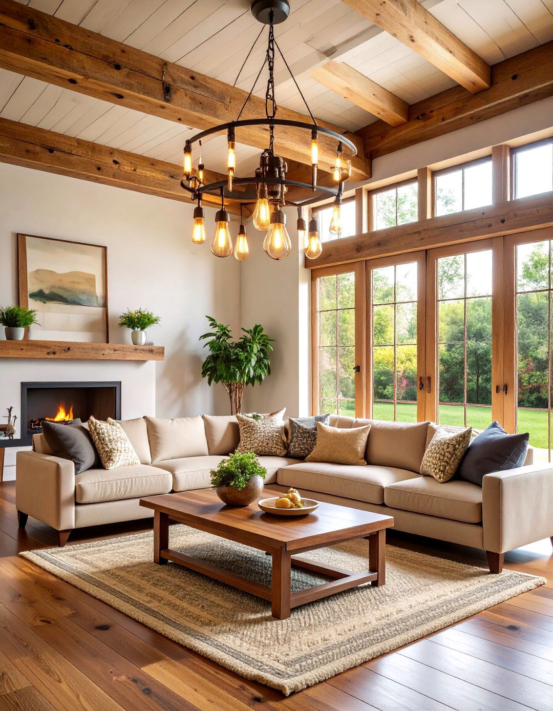 Brass and Wood Farmhouse Semi Flush - 25 Living Room Ceiling Lighting Ideas