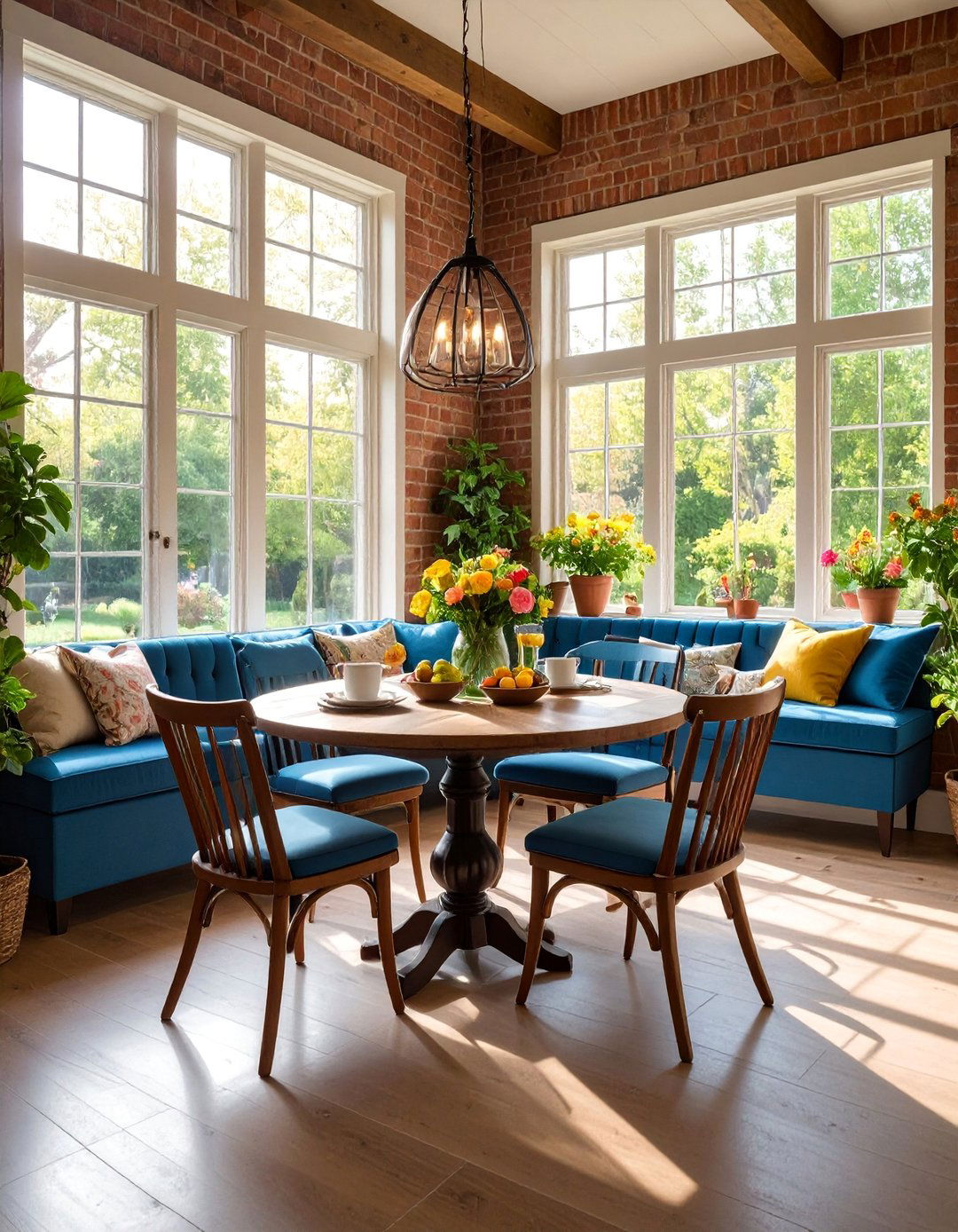 Breakfast Nook Sunroom with Warm Brick Tones - 25 Brick Floor Sunroom Ideas