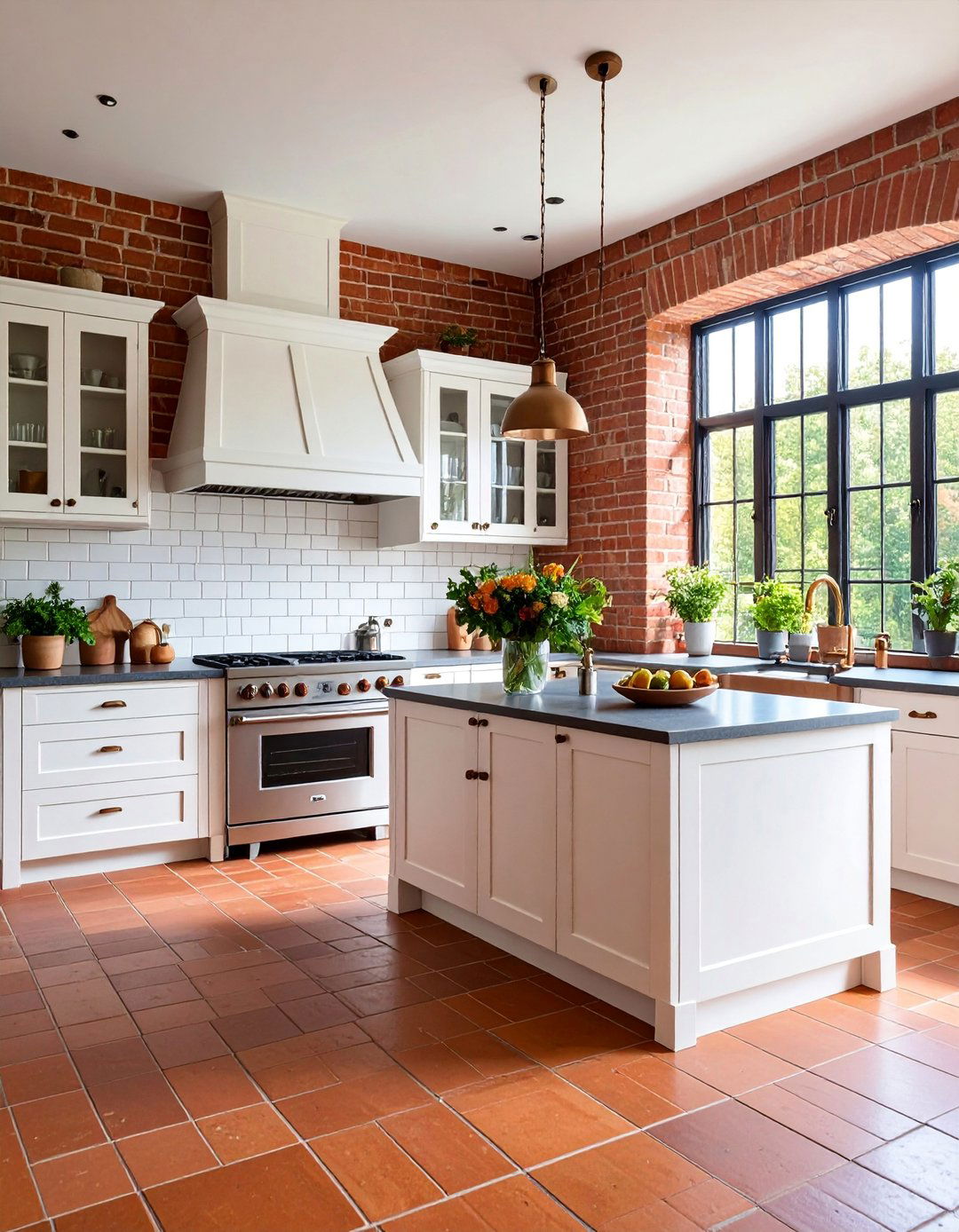 Brick Accent Rustic Kitchen - 25 Rustic White Kitchen Ideas