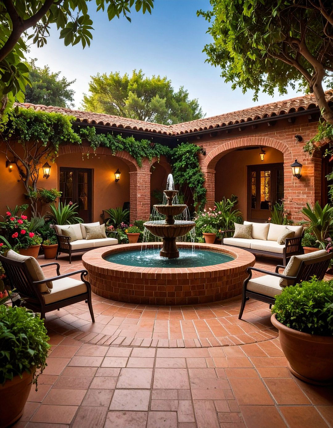 Brick Courtyard with Central Fountain - 25 Brick Landscaping Ideas