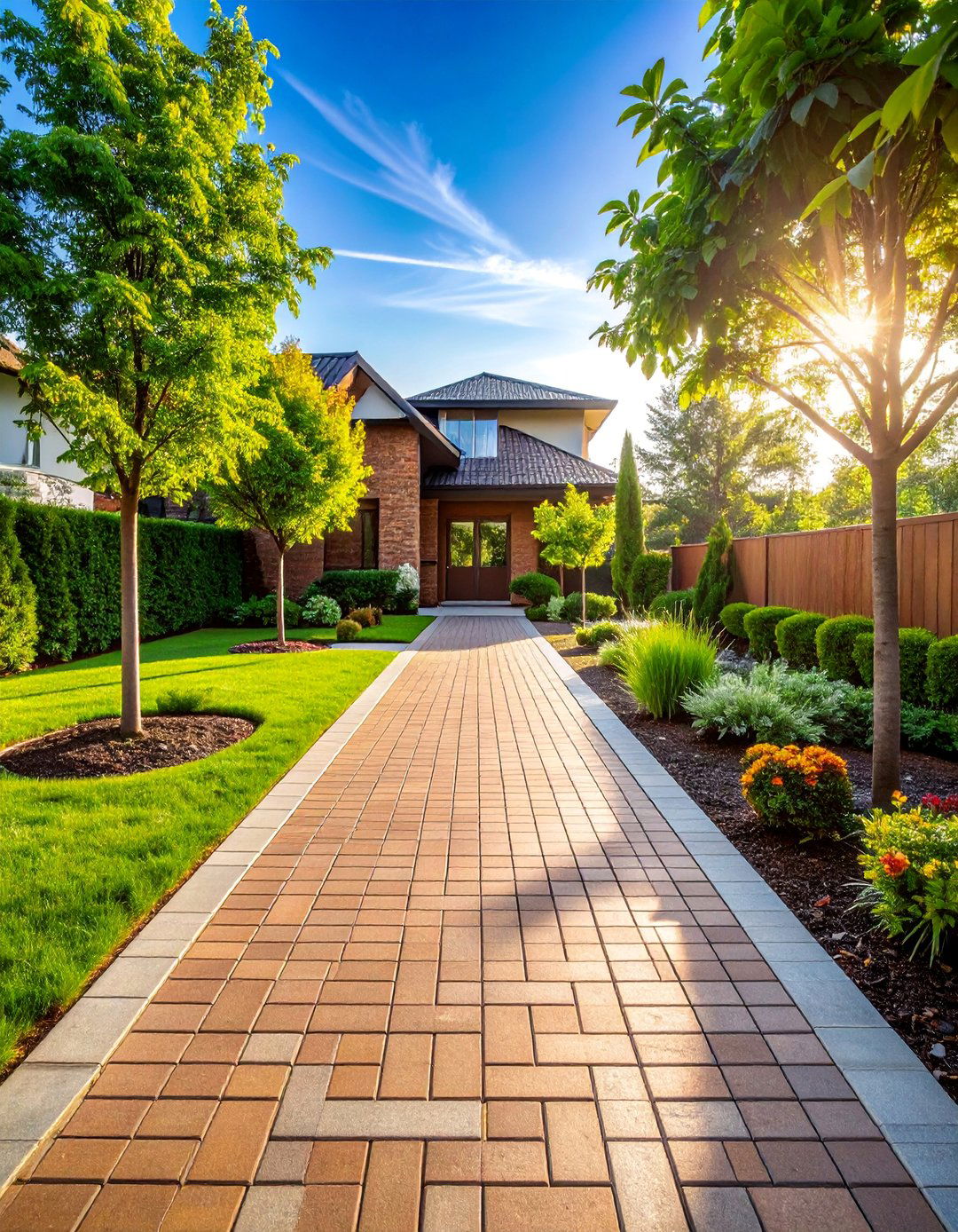 Brick Driveway with Planted Strips - 25 Brick Landscaping Ideas