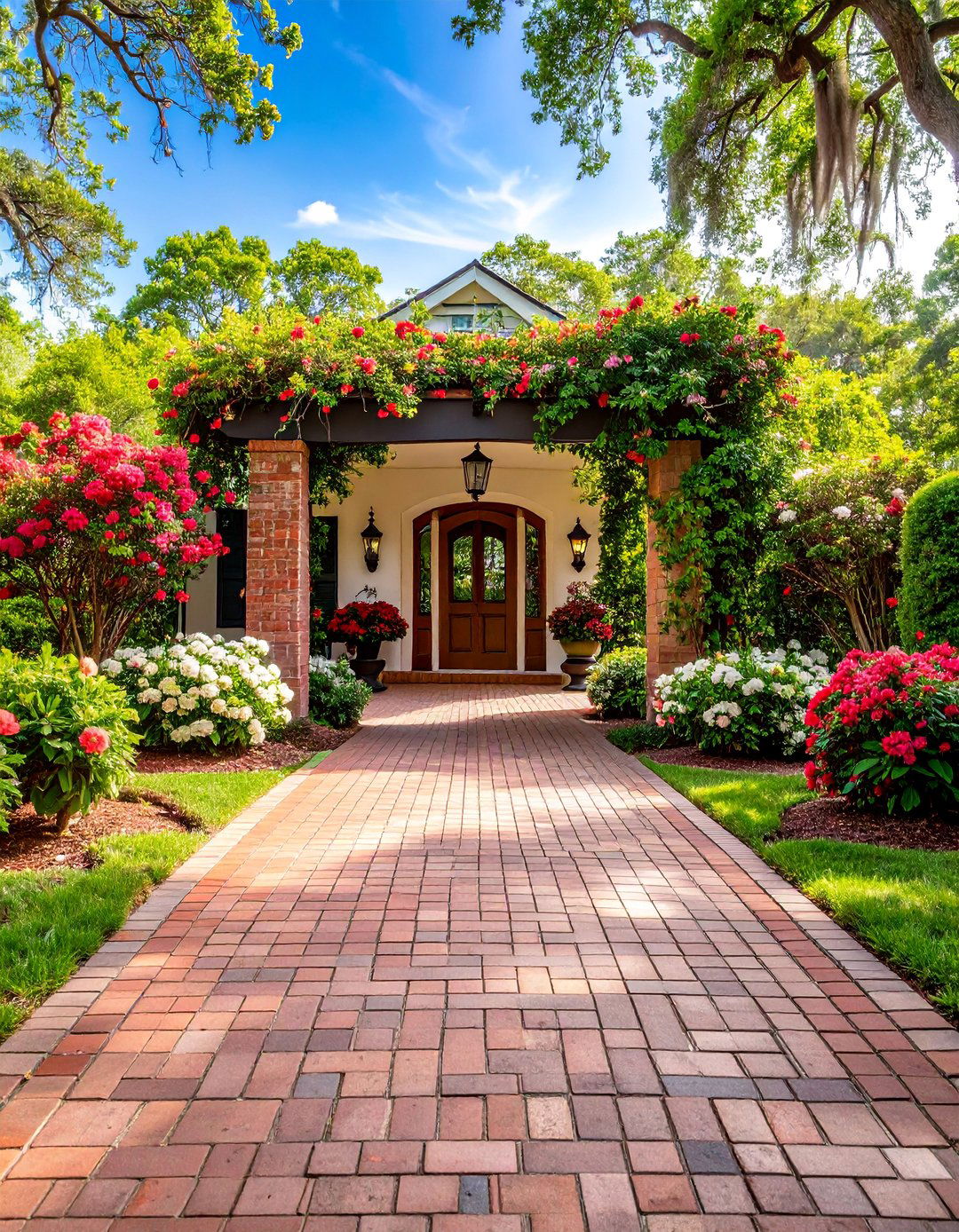 Brick Driveway with Southern Garden Styling - 25 Driveway Landscape Ideas