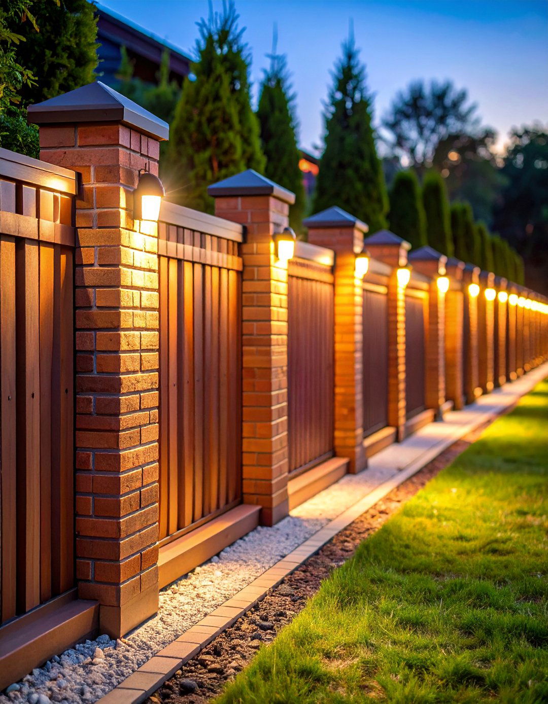 Brick Fence with Integrated Lighting - 25 Brick Fence Ideas