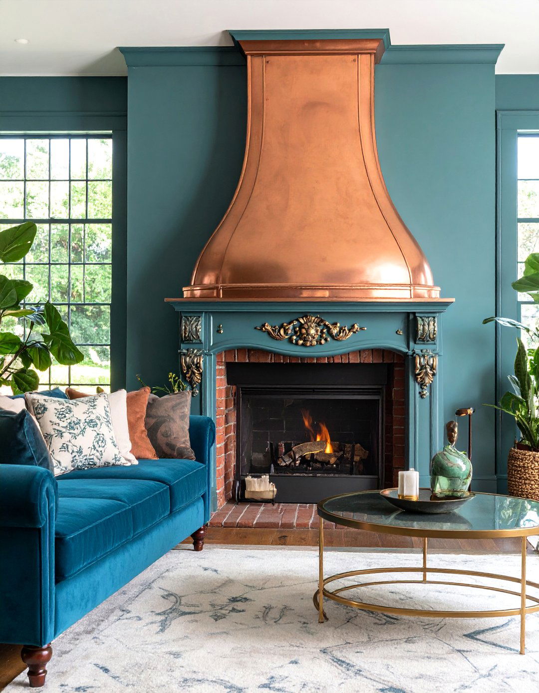 Brick Fireplace with Copper Accents and Patina - 25 Rustic Brick Fireplace Ideas