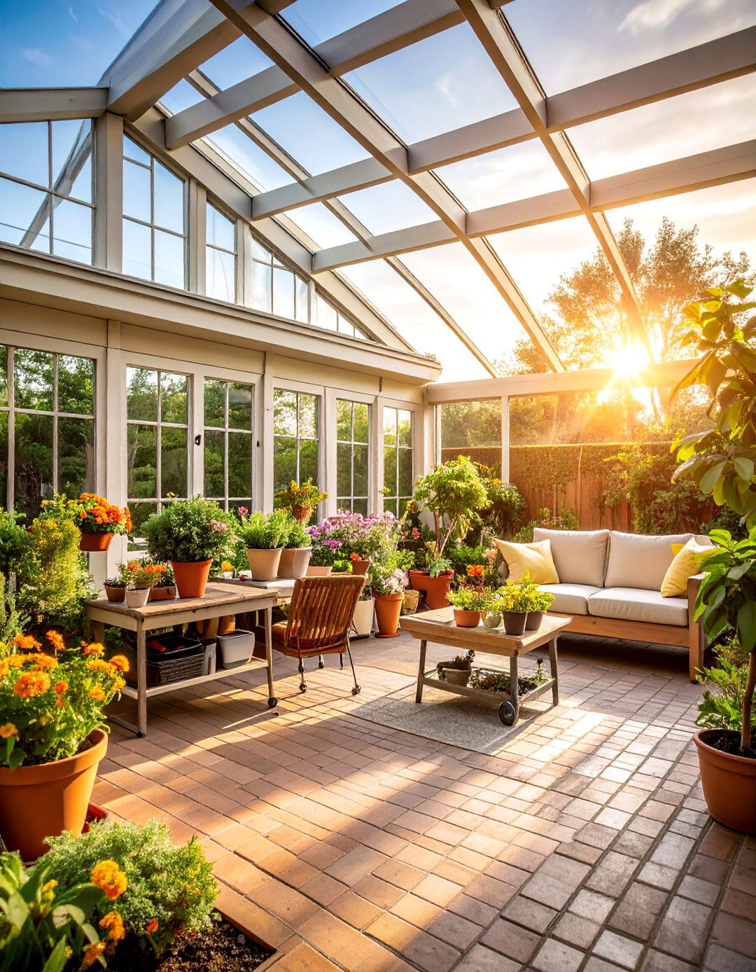 Brick Floor Garden Room with Potting Station - 25 Brick Floor Sunroom Ideas
