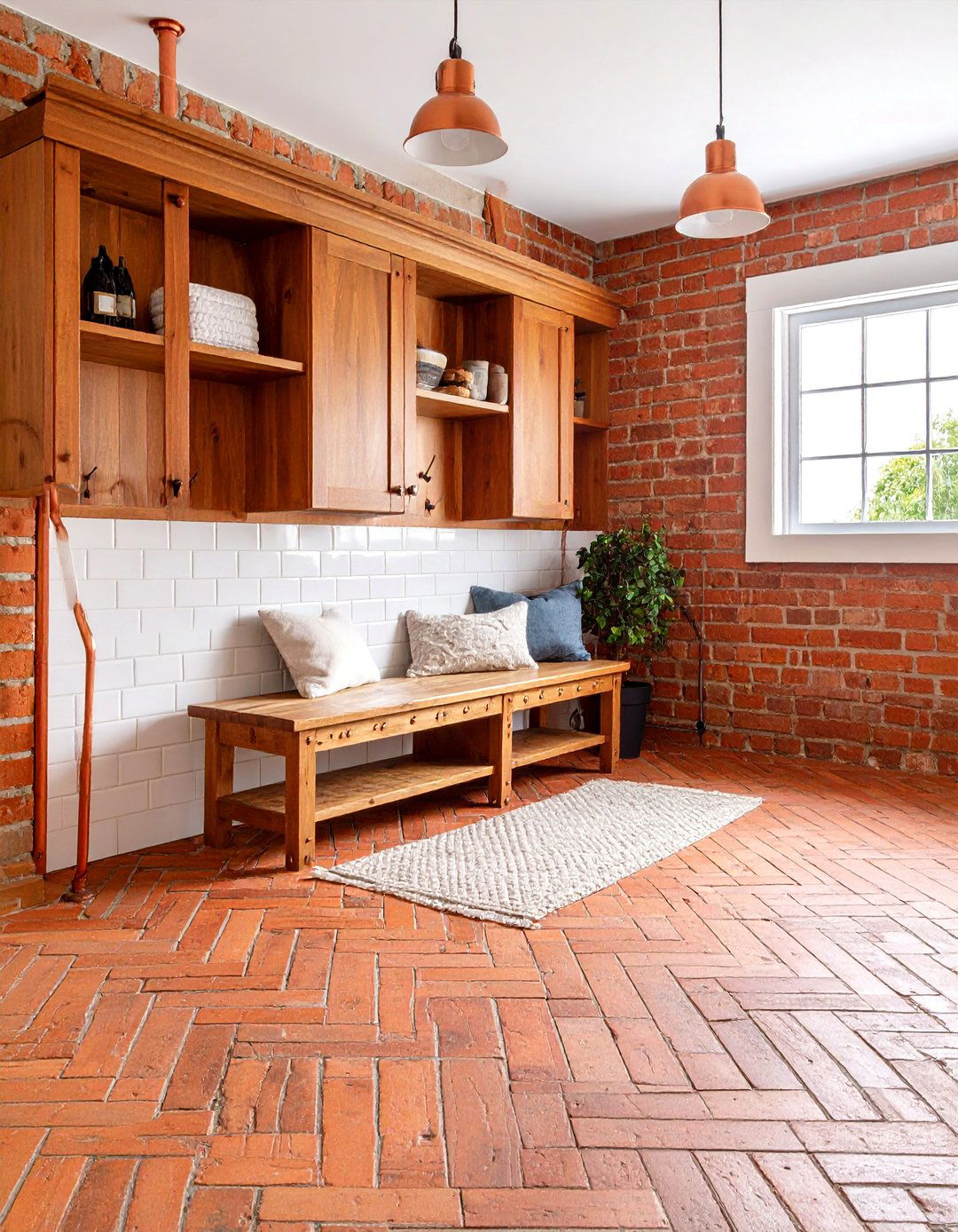 Brick Herringbone Mudroom with Copper Accents - 25 Farmhouse Mudroom Ideas