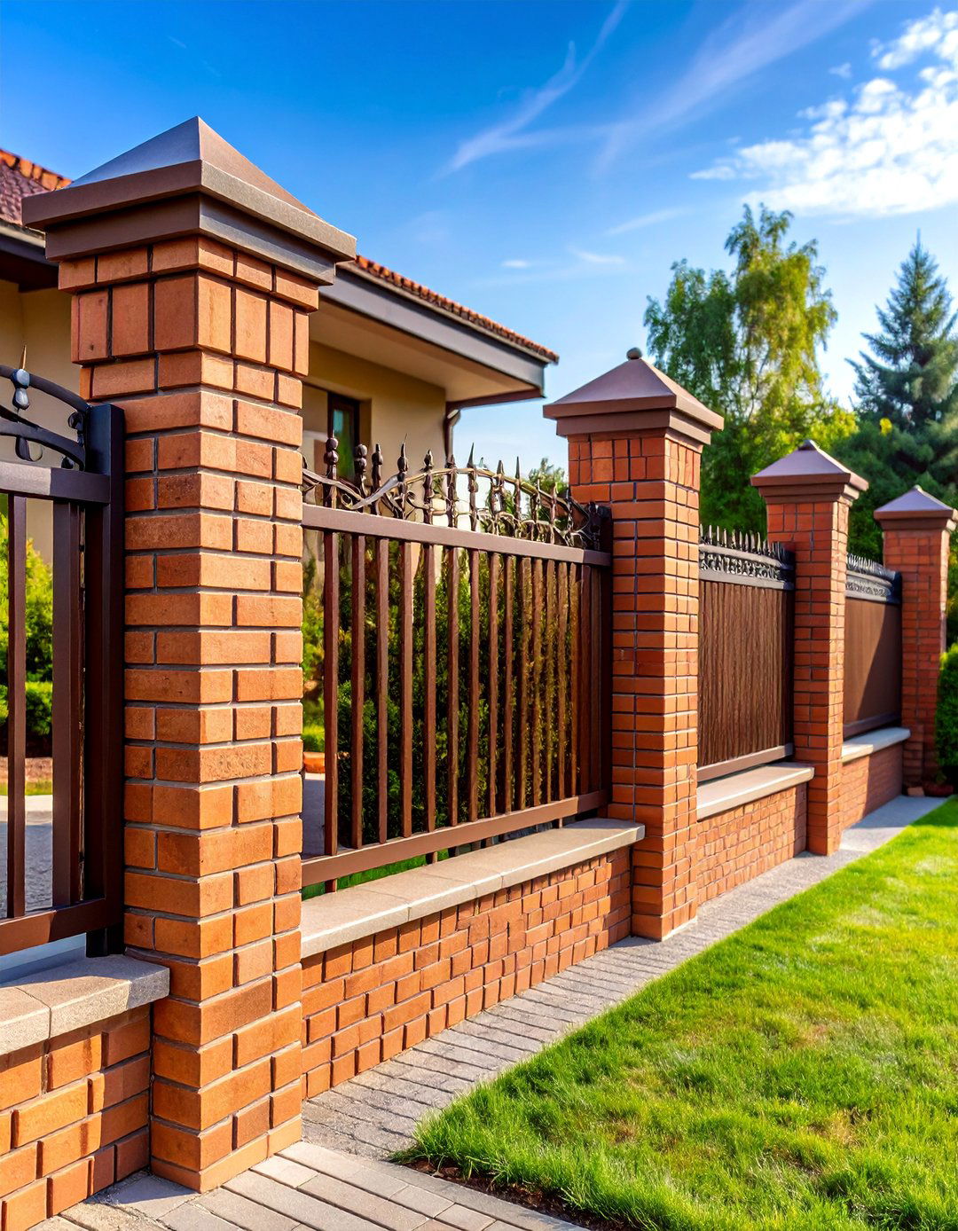 Brick Masonry Fence with Decorative Caps - 25 Types of Fences