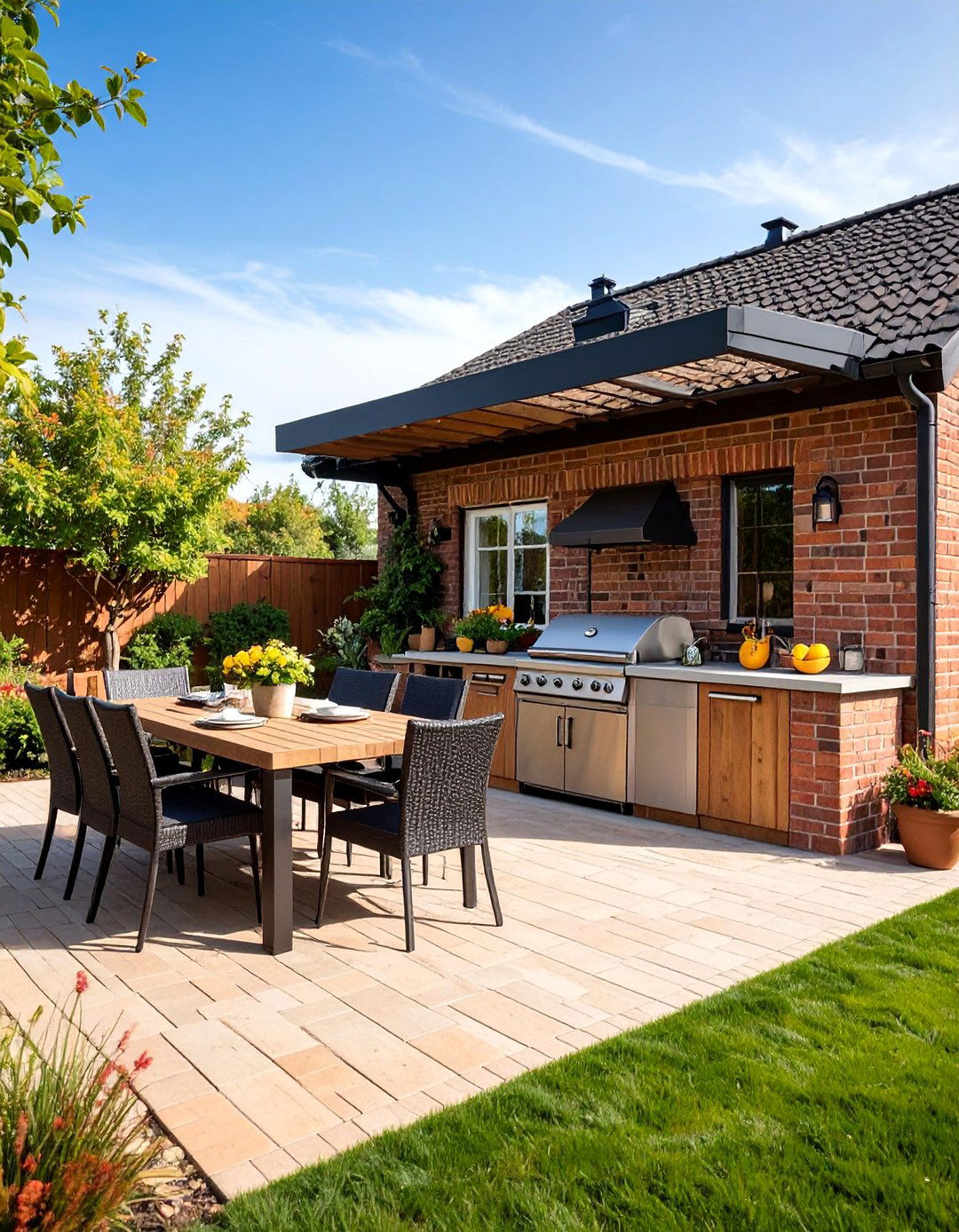 Brick Patio with Integrated Outdoor Kitchen - 25 Brick Patio Ideas