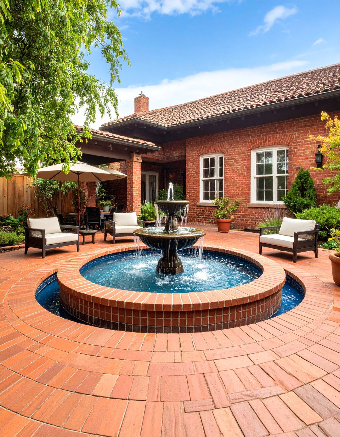 Brick Patio with Integrated Water Feature - 25 Brick Patio Ideas