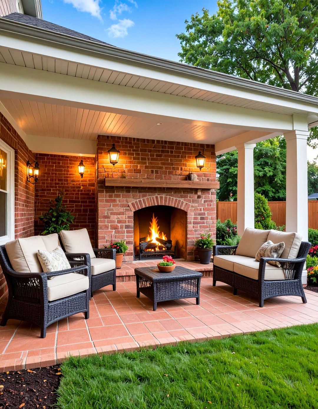 Brick Porch with Outdoor Fireplace - 25 Brick Porch Ideas