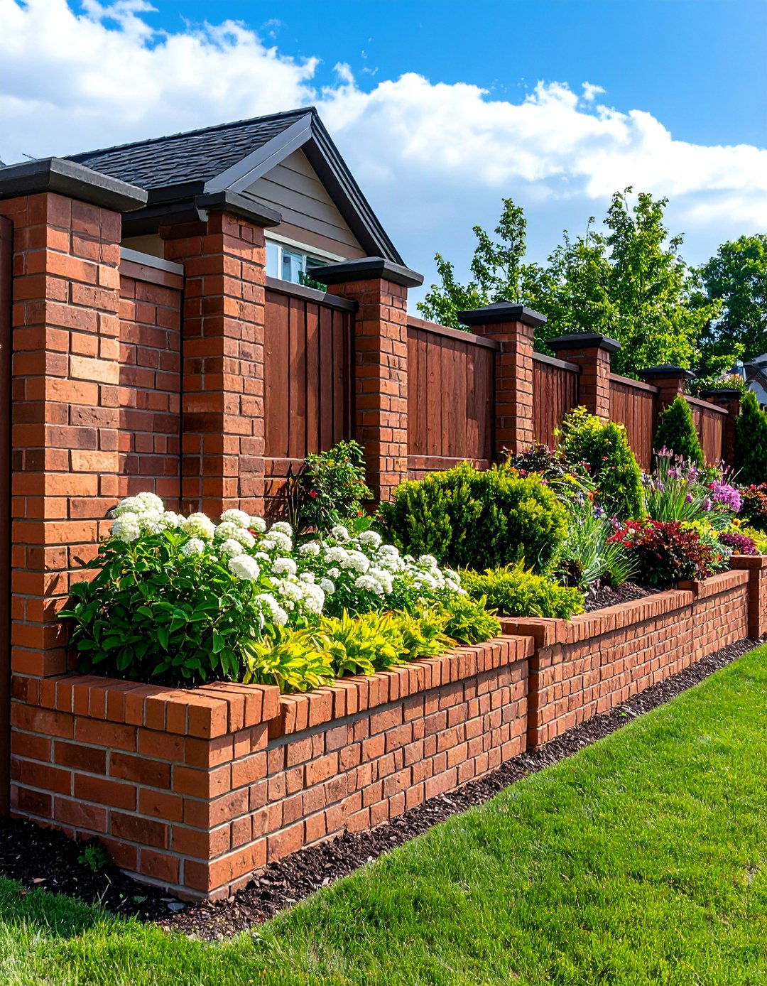 Brick Retaining Wall Fence with Tiered Landscaping - 25 Front Yard Brick Fence Ideas