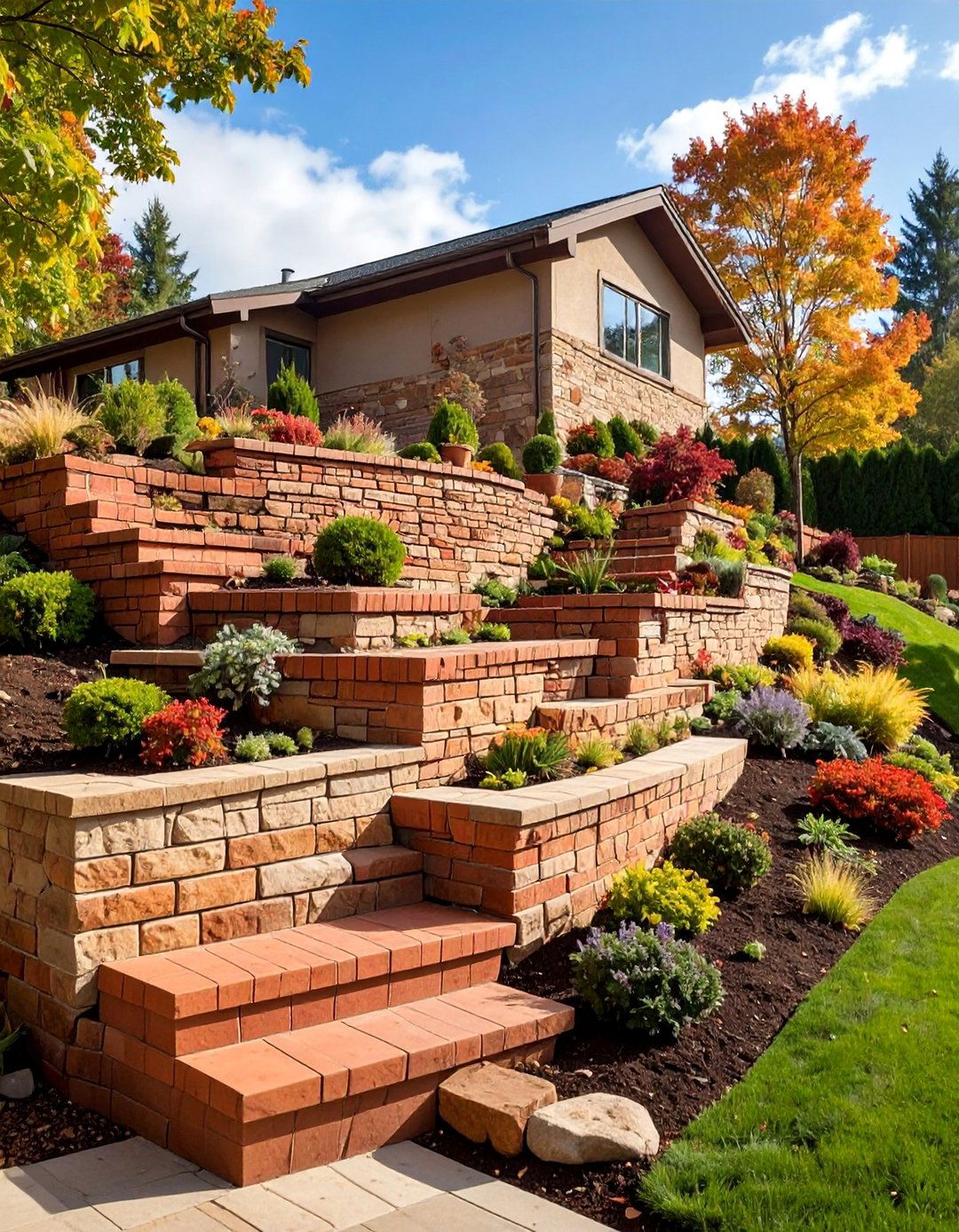 Brick Retaining Wall with Terraced Planting - 25 Brick Landscaping Ideas
