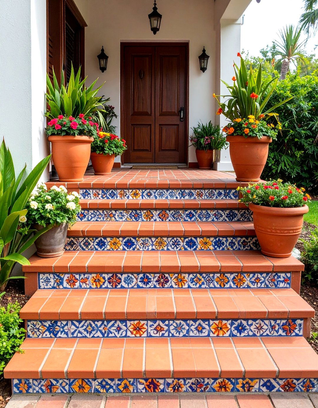 Brick Steps with Decorative Mosaic Inlay Details - 25 Brick Front Steps Design Ideas