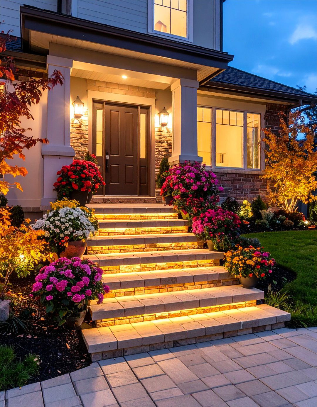 Brick Steps with Integrated LED Step Lighting - 25 Brick Front Steps Design Ideas