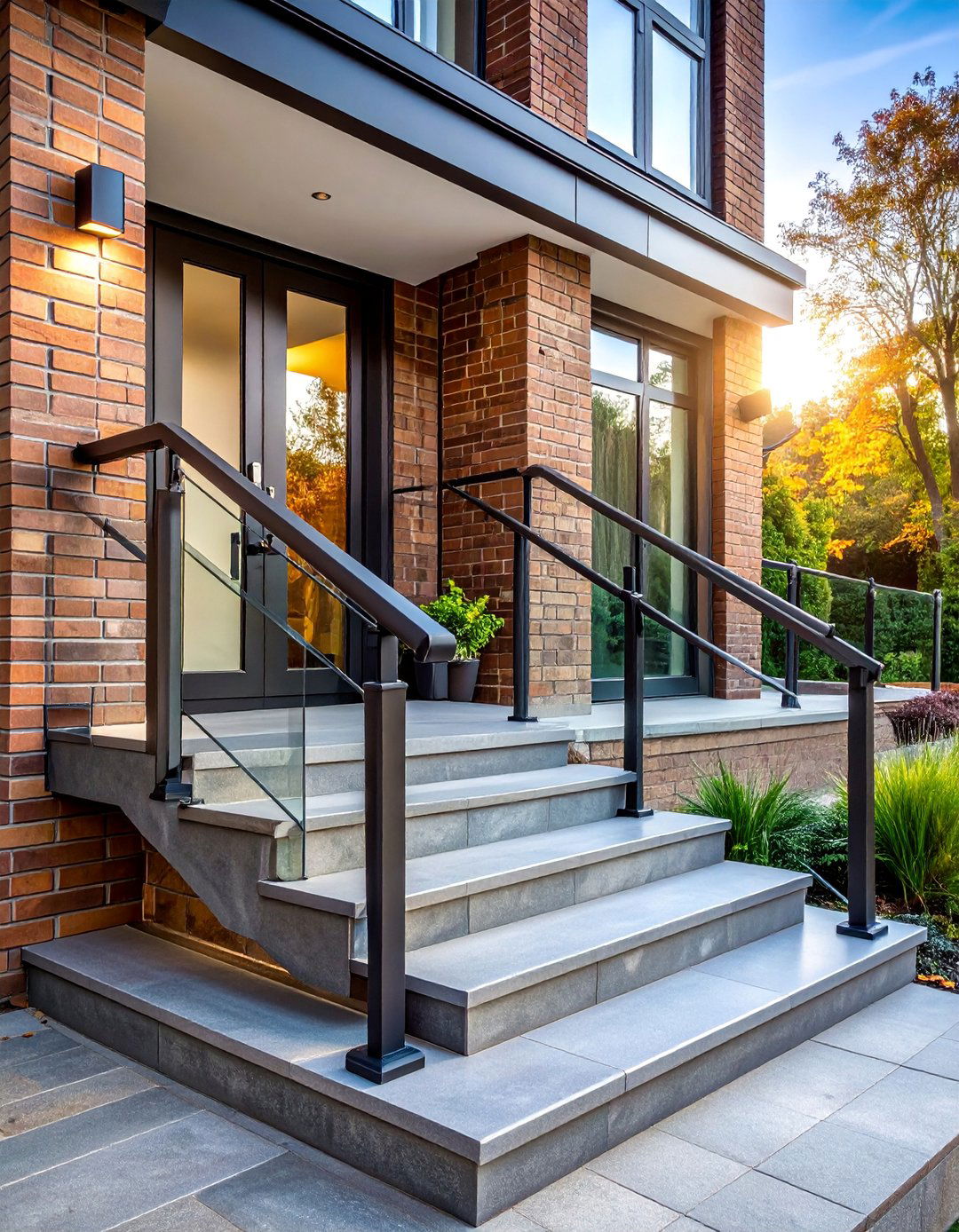 Brick Steps with Steel and Glass Railing Systems - 25 Brick Front Steps Design Ideas