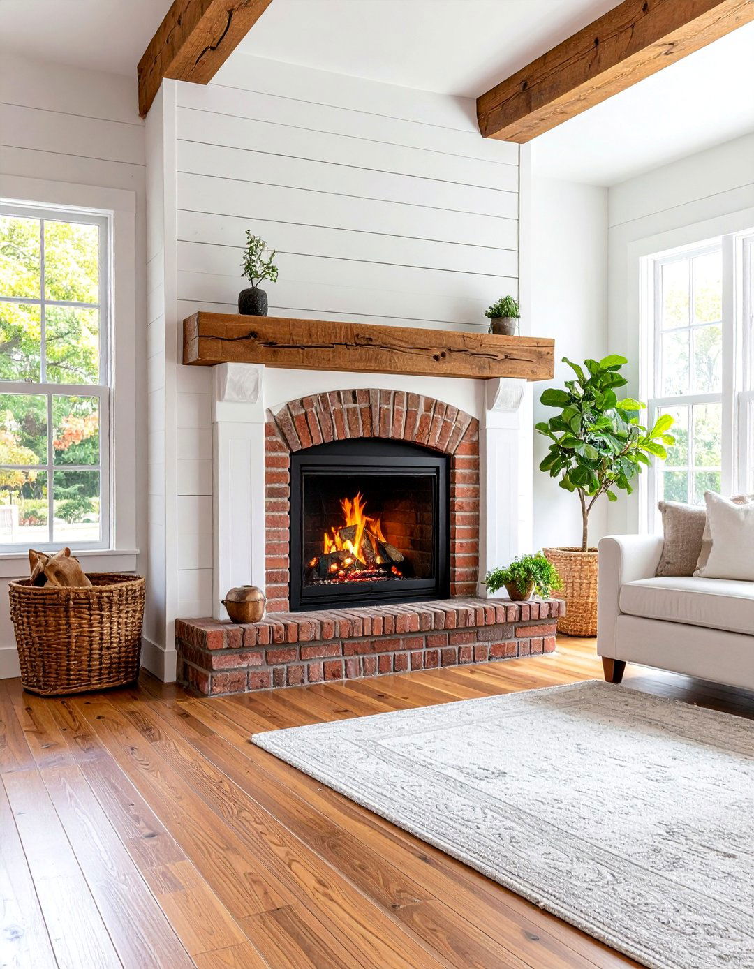 Brick Surround Shiplap Rustic Combination - 25 Shiplap Fireplace Ideas