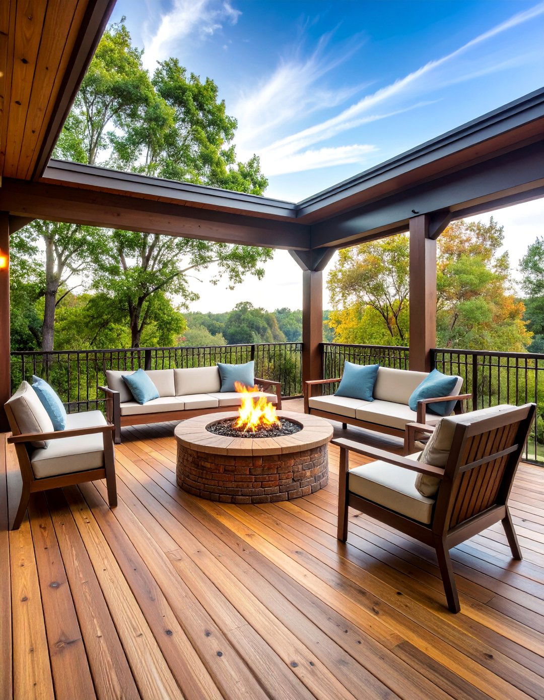 Brick and Steel Fire Ring with Wooden Deck - 25 Rustic Fire Pit Ideas
