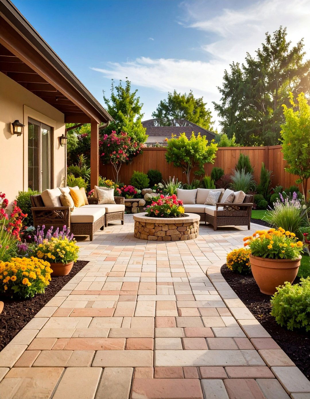 Brick and Stone Mixed Material Patio - 25 Brick Landscaping Ideas