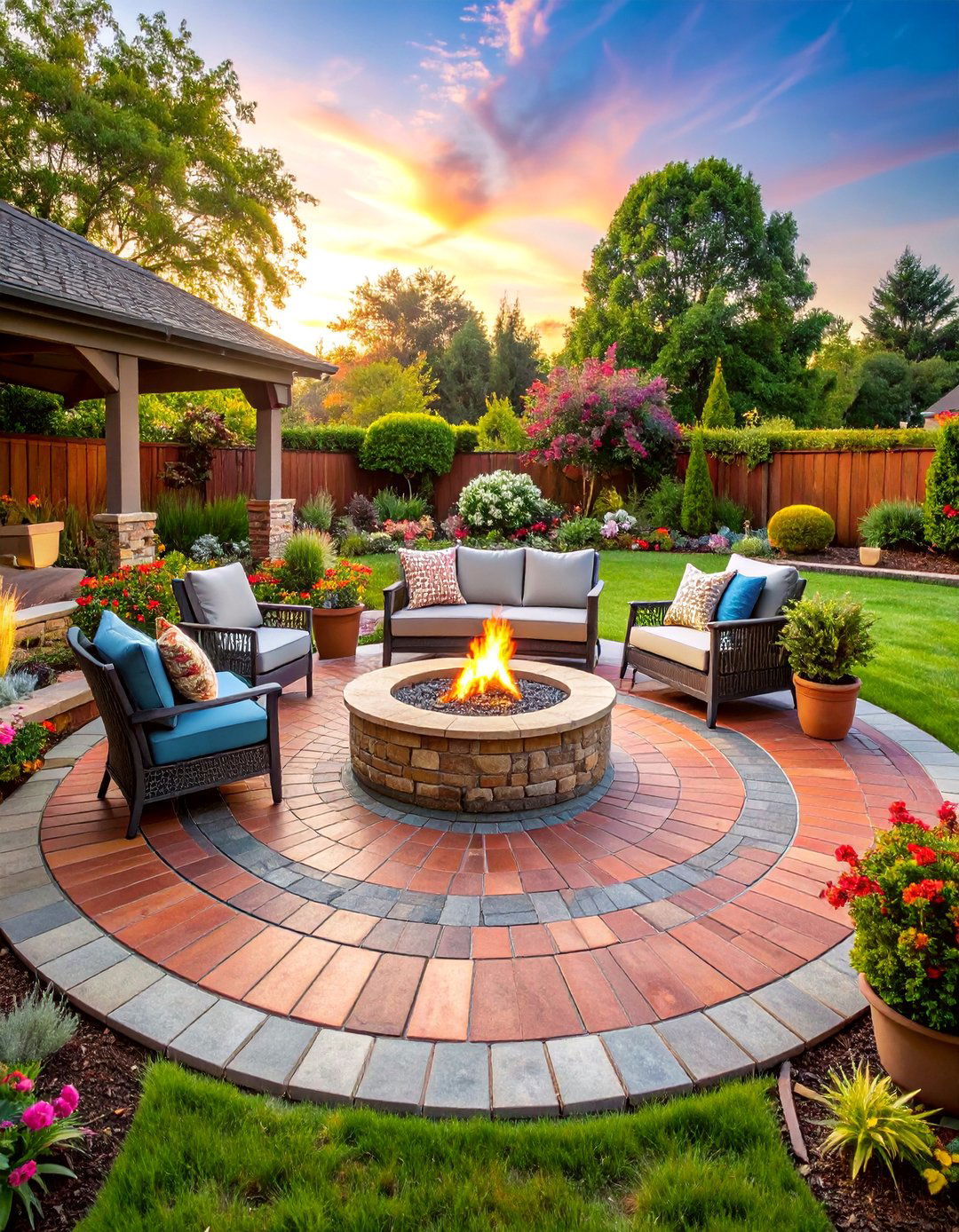 Brick and Stone Semi Circle Patio with Mixed Materials - 25 Semi Circle Patio Ideas and Inspiration