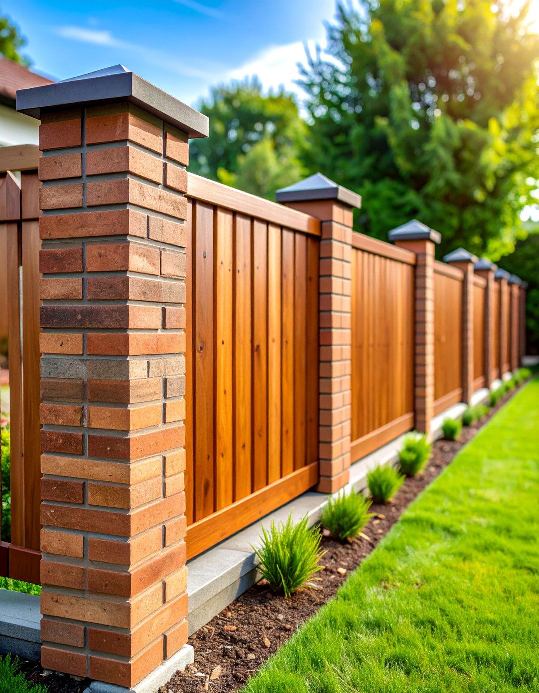 Brick and Wood Horizontal Panel Fence - 25 Brick Fence Ideas