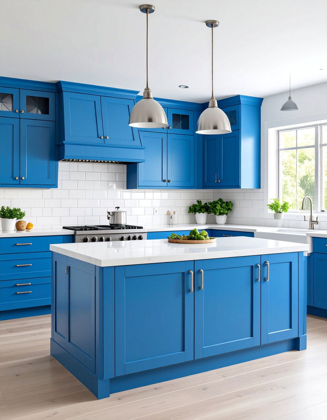Bright Blue Kitchen with White Subway Tiles - 25 Blue Kitchen Ideas