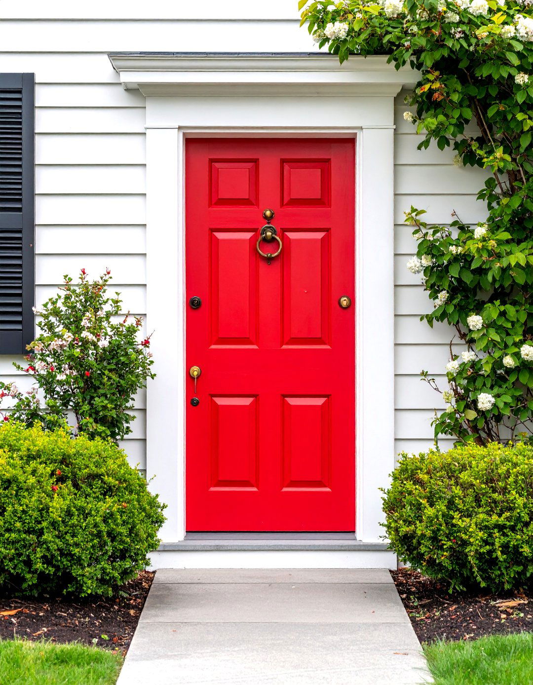 Bright Red Colonial Door with Brass Knocker - 25 Colonial Front Door Ideas