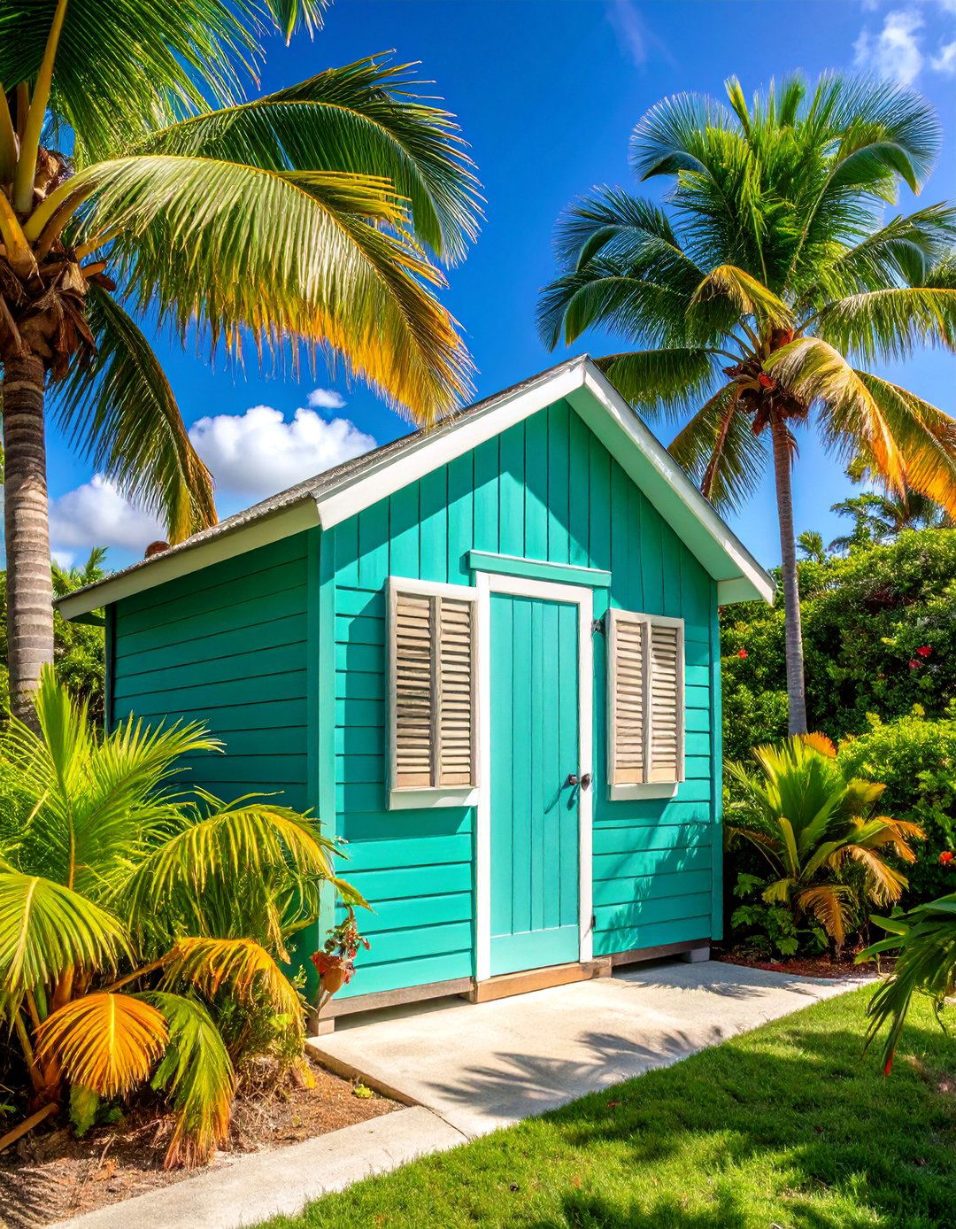 Bright Turquoise Shed with White Coastal Trim - 25 Shed Color Ideas