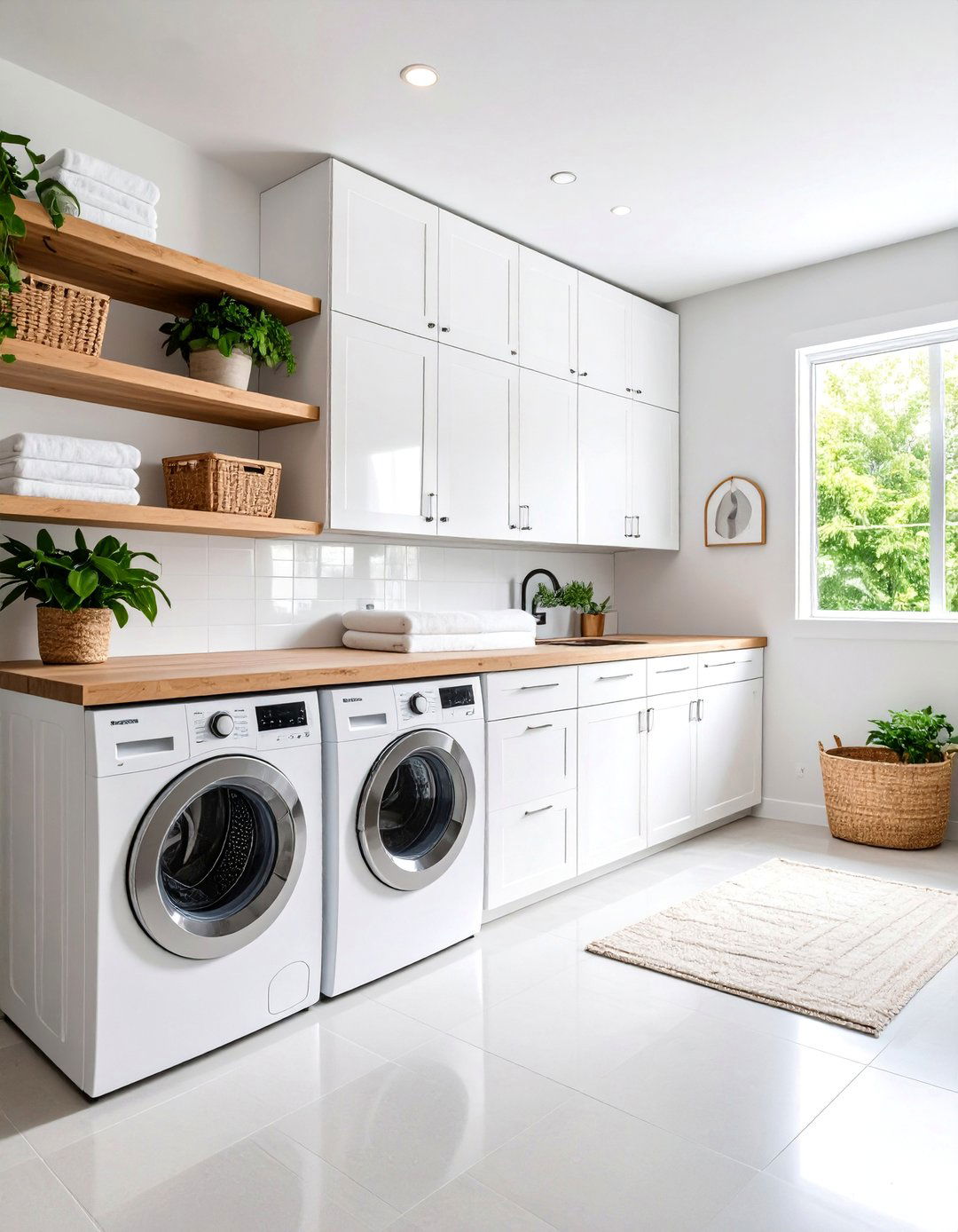Bright White Basement Laundry with Natural Wood Accents - 25 basement laundry room ideas
